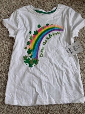 Kids White Rainbow Graphic Tee with Green Accents